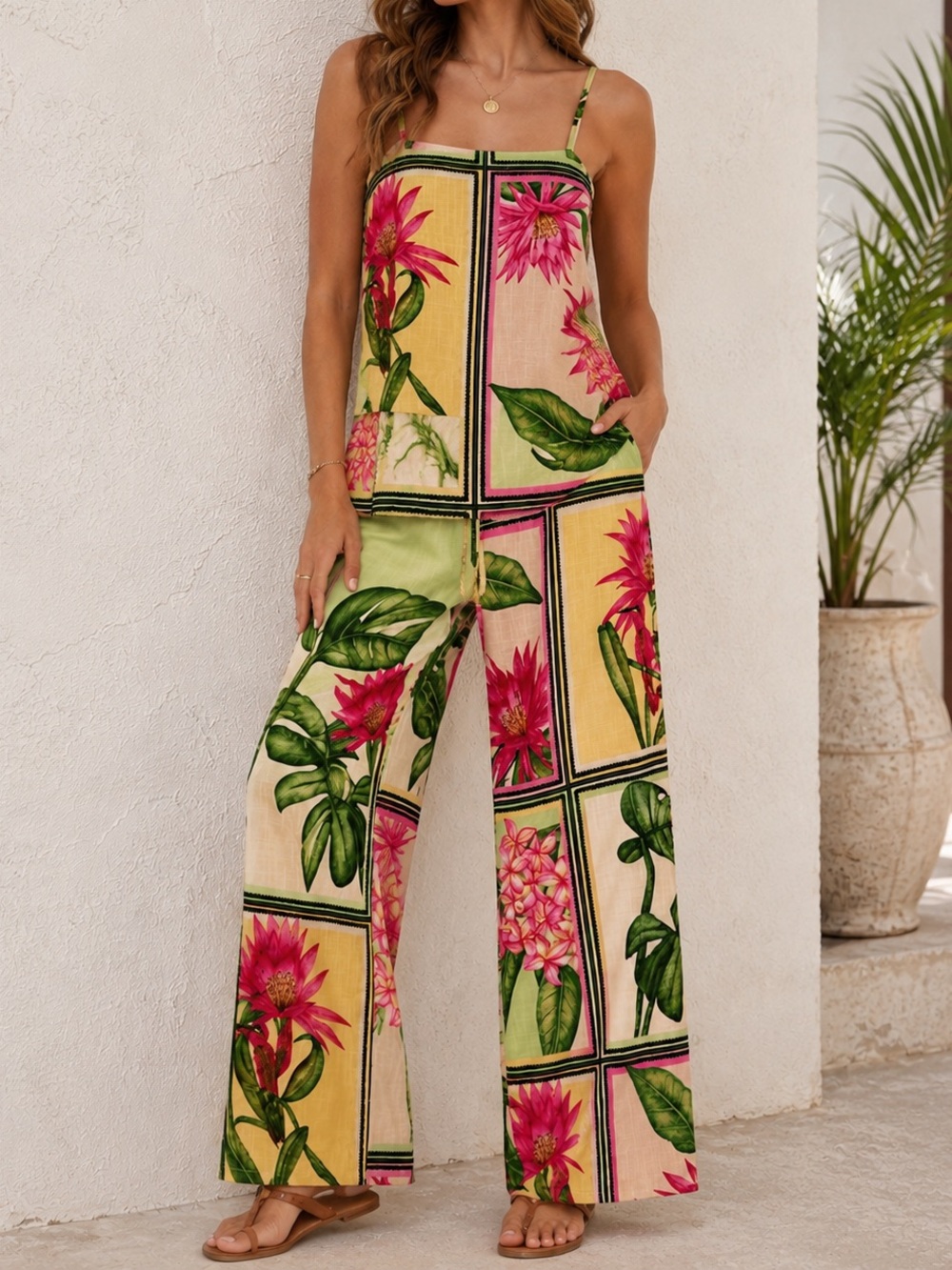 White Closet Elements Tropical Floral Linen Blend Cami & Wide Leg Pants Set M